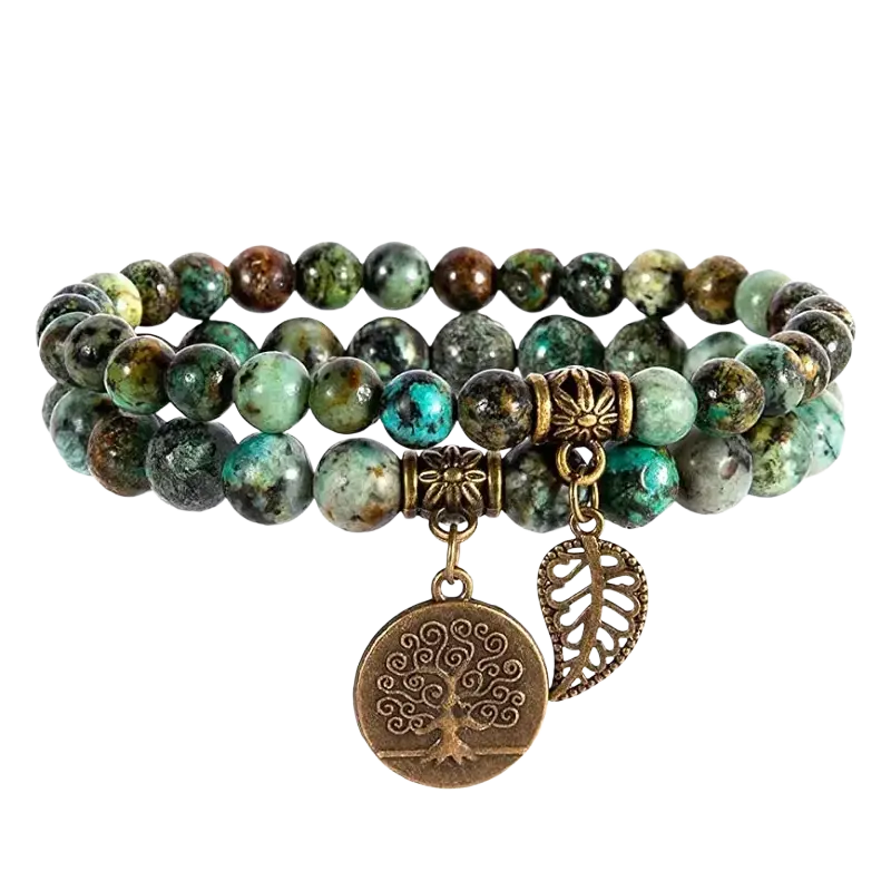 Doppelarmband aus Vintage-Steinperlen mit türkisen afrikanischen Perlen, handgefertigtes Armband-Set von Mana Shop
