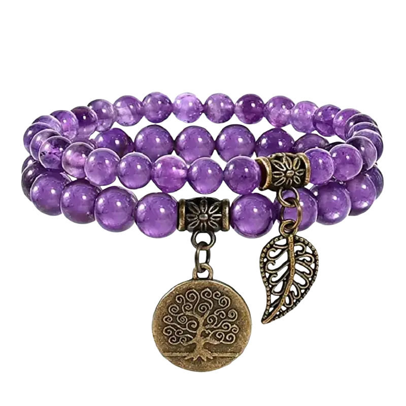 Doppelarmband aus Vintage-Steinperlen mit lila Amethyststeinen, handgefertigtes Mana Shop Armband-Set für eleganten Look