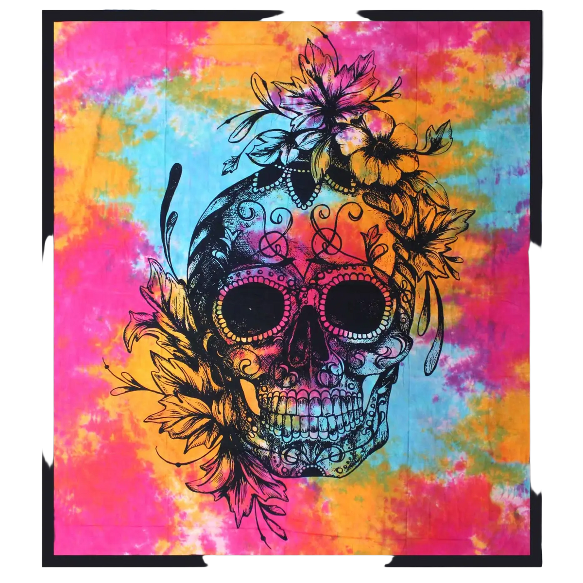 Doppelbettdecke aus Baumwolle, Ritualtuch und Wandteppich mit Totenkopf-Design im Day of the Dead Stil, 230x200 cm.