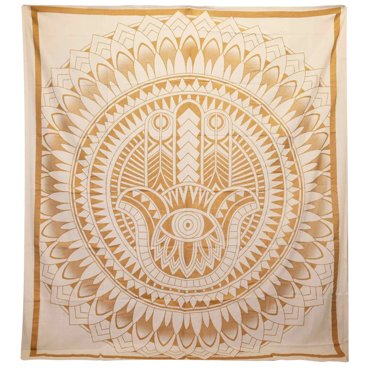 Weiße Baumwoll-Doppelbettdecke mit Hamsa-Motiv, Ritualtuch im Wandteppichstil, 230x200 cm, von AW Artisan