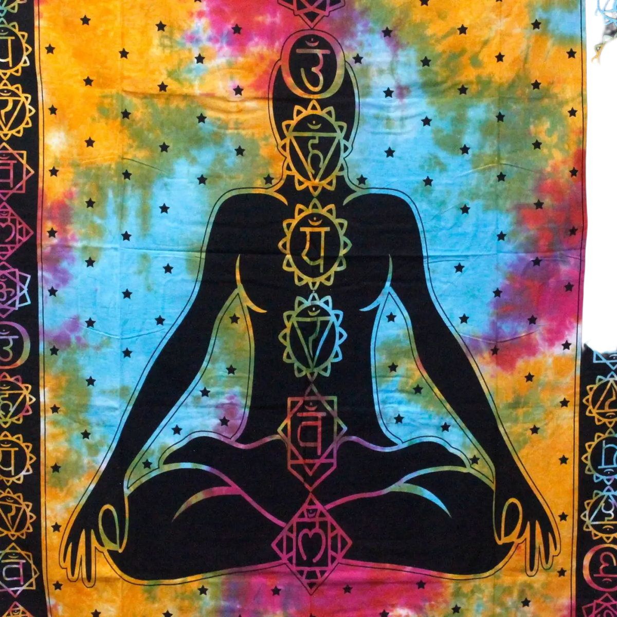 Doppelbettdecke Ritualtuch aus Baumwolle mit Buddha Chakra Design von AW Artisan, 230 x 200 cm, handgefertigt.