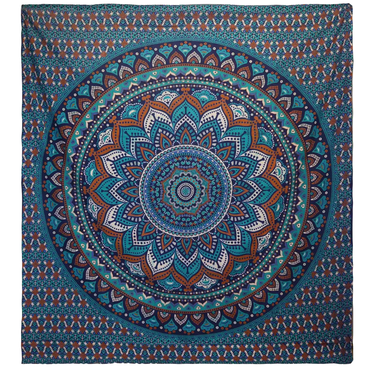 Doppelbettdecke und Wandbehang aus Baumwolle mit klassischem Mandala in Türkis, Ritualtuch von AW Artisan, 230x200 cm