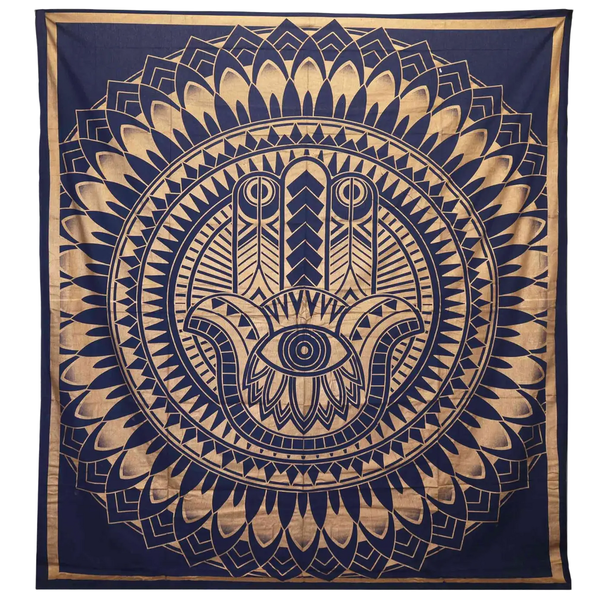 Doppelbettdecke und Wandbehang aus Baumwolle mit Hamsa-Design in Gold und Blau, Ritualtuch von AW Artisan, 230x200 cm.