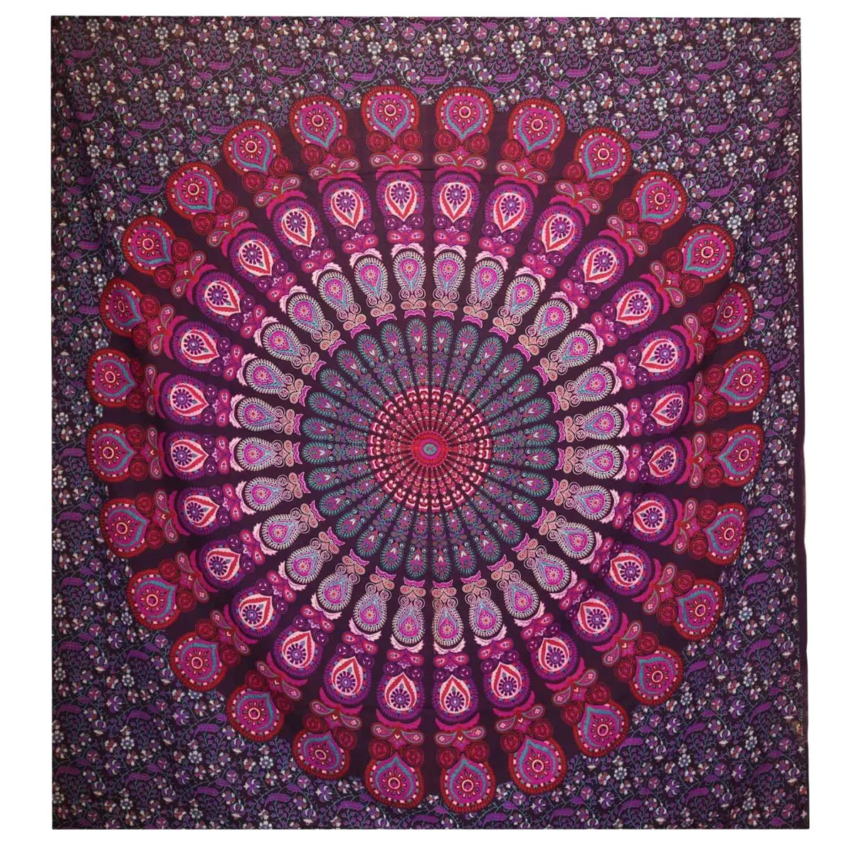 Doppelbettdecke, Ritualtuch und Wandbehang mit Mandala-Peacock in Violett, aus Baumwolle, Maße 230x200 cm, von AW Artisan