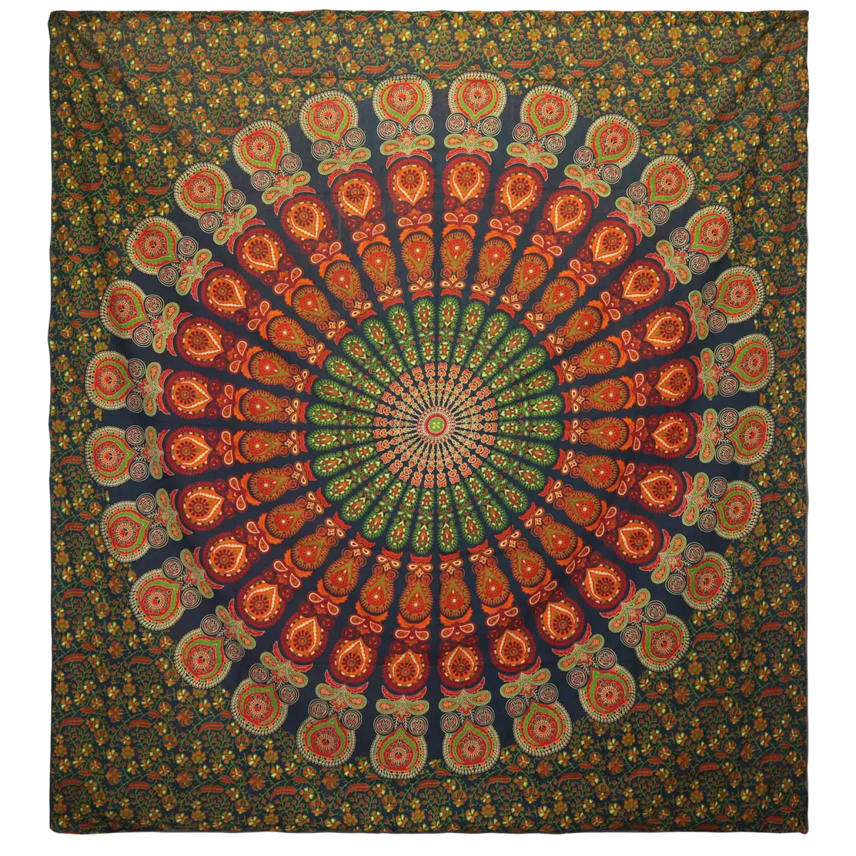 Grüner Mandala Peacock Wandbehang aus Baumwolle, Ritualtuch, Doppelbettdecke oder Wandteppich, 230x200 cm, von AW Artisan