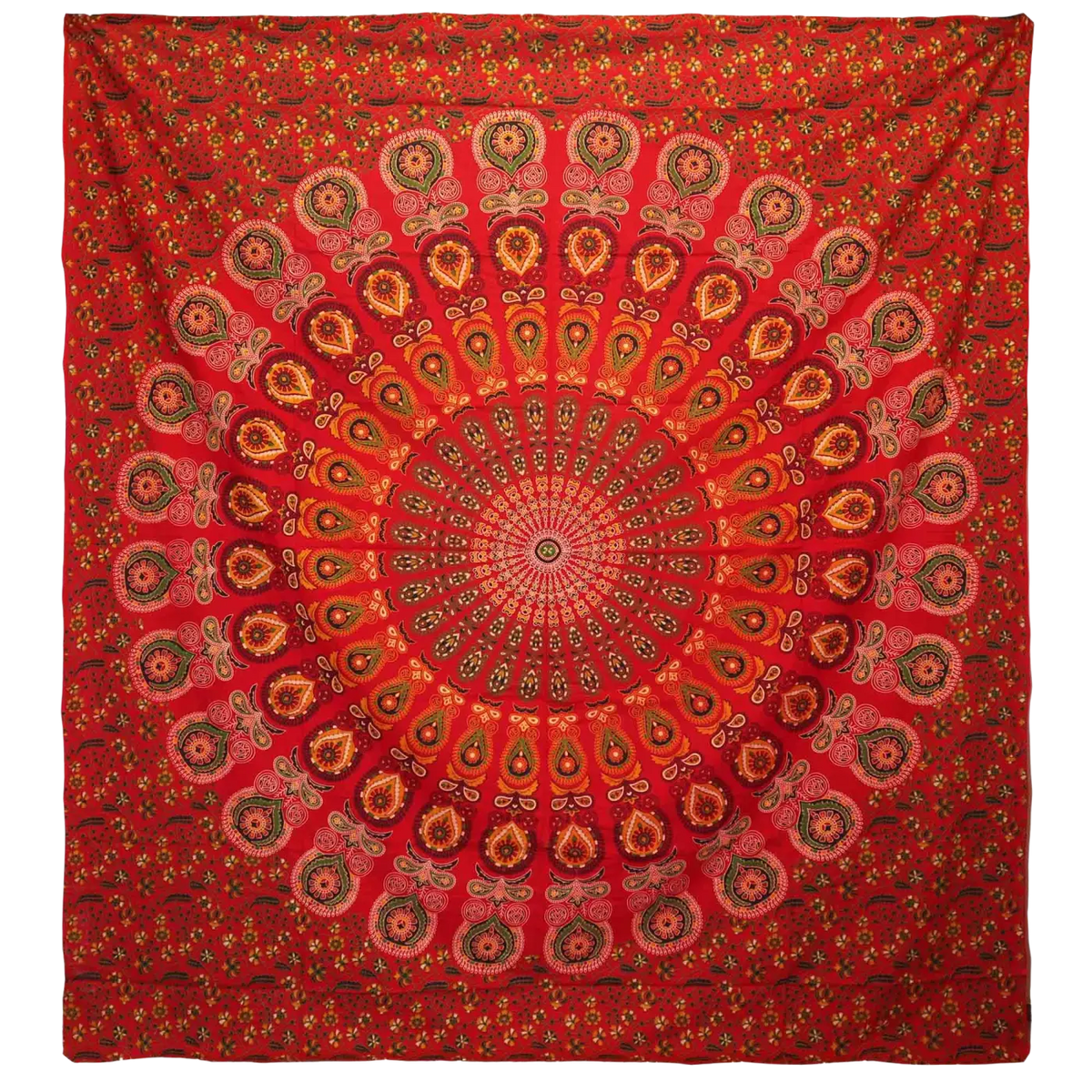 Doppelbettdecke und Wandbehang aus Baumwolle mit Mandala-Peacock-Muster in Rot, Ritualtuch von AW Artisan, 230x200 cm