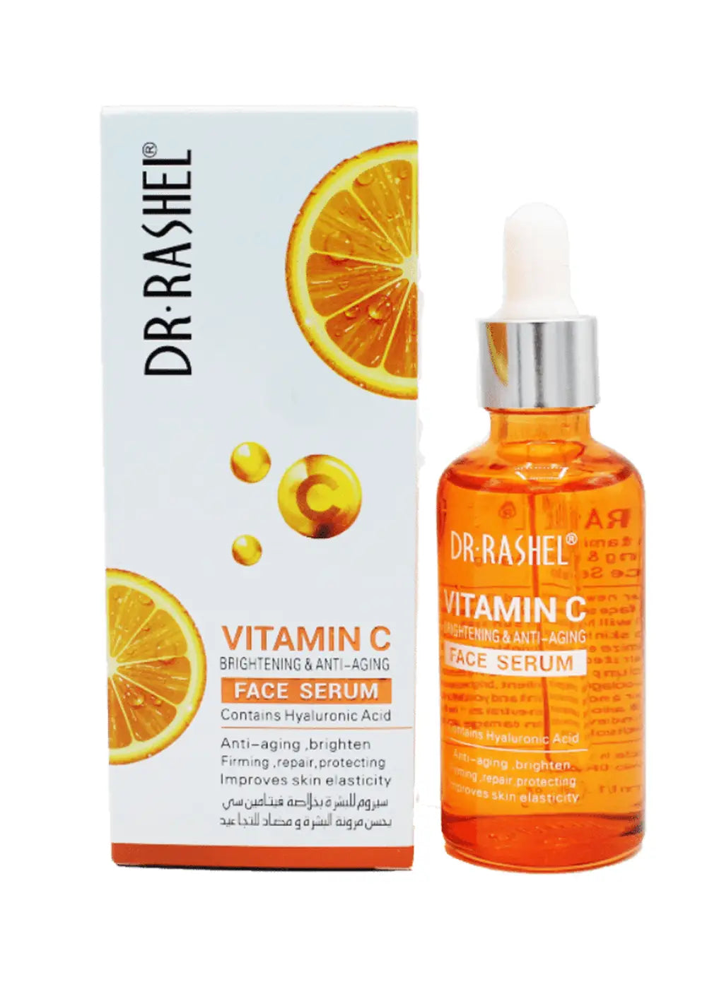 Gesichtsserum von Dr. Rashel mit Vitamin C für Aufhellung und Anti-Aging, in 50 ml Flasche, sichtbare Textur und Verpackung.