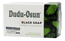 Dudu-osun klassische originale schwarze seife aus afrika in weißer schachtel mit neongrünen blättern