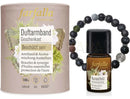 Farfalla auraschutz aromamischung in dunkler bernsteinglasflasche mit botanischem etikett im duftarmband geschenkset