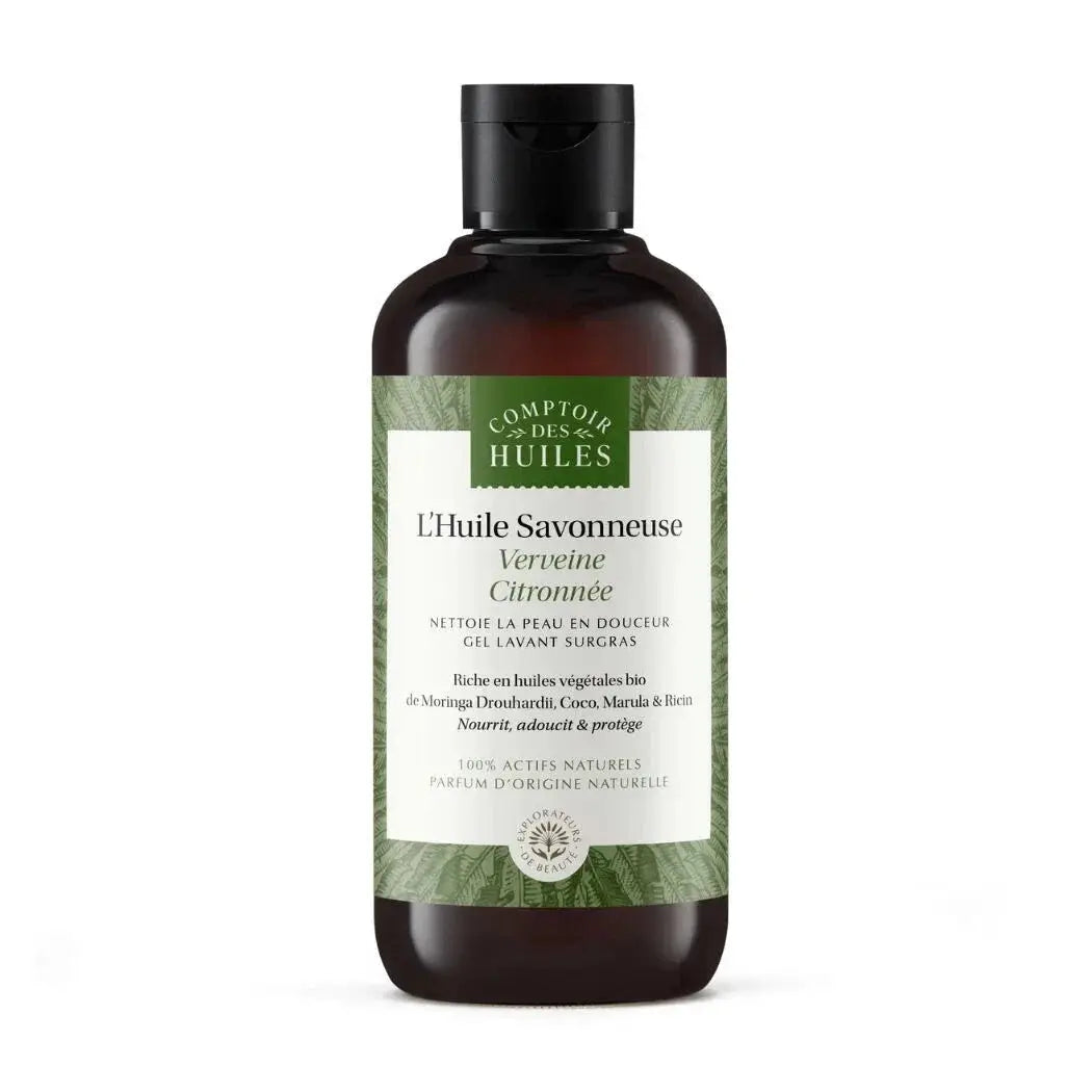 Duschöl Bio Zitrone & Eisenkraut in Bernstein-Glasflasche, ideal für die Haarpflege, von Comptoir des Hules.
