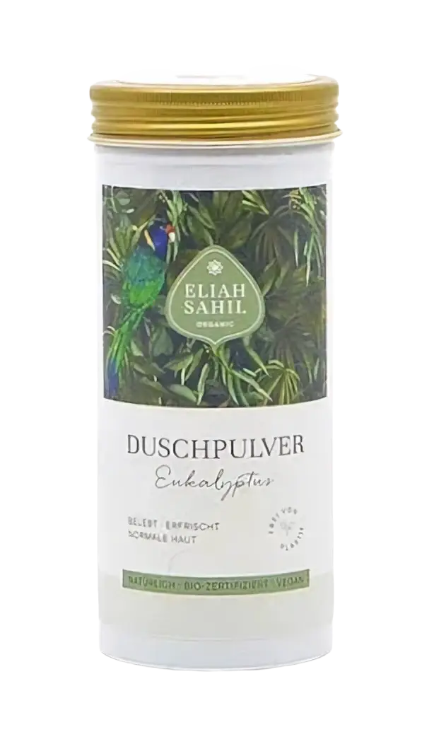Bio Duschpulver mit Eukalyptus von Eliah Sahil, 90g, für die Körperreinigung, natürliche Pflege mit ätherischen Eukalyptus-Ölen