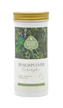 Duschpulver eukalyptus bio in weißem zylinder mit goldenem deckel und grünem botanischem etikett von elijah sahil