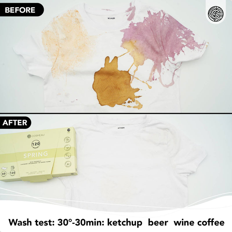 Vorher-Nachher-Vergleich eines weißen T-Shirts mit hartnäckigen Flecken (Ketchup, Bier, Wein, Kaffee), gereinigt mit Cosmeau Wäsche-Pads bei 30° für 30 Minuten, Ergebnis ist ein makelloses weißes Shirt.