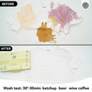 Vorher-Nachher-Vergleich eines weißen T-Shirts mit hartnäckigen Flecken (Ketchup, Bier, Wein, Kaffee), gereinigt mit Cosmeau Wäsche-Pads bei 30° für 30 Minuten, Ergebnis ist ein makelloses weißes Shirt.