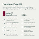 Eine Infografik mit dem Titel "Premium-Qualität", die die Vorteile der Nutriproud-Produkte hervorhebt, darunter hochwertige Inhaltsstoffe, zertifizierte deutsche Herstellung, natürliche Extrakte, 100% vegane Kapseln und nachhaltige Verpackung, im Vergleich zu anderen Marken mit inkonsistenten Dosierungen und geringerer Qualität.