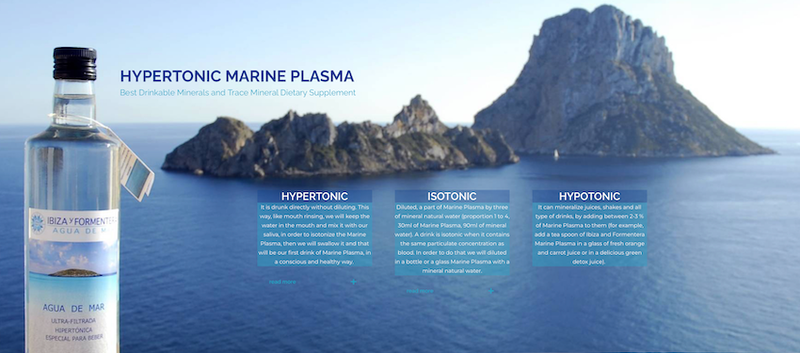 Eine Werbegrafik für Marine-Plasma, die eine Flasche des Produkts am Meer vor einer Insel mit Text über hypertonische, isotonische und hypotonische Verwendungen zeigt.