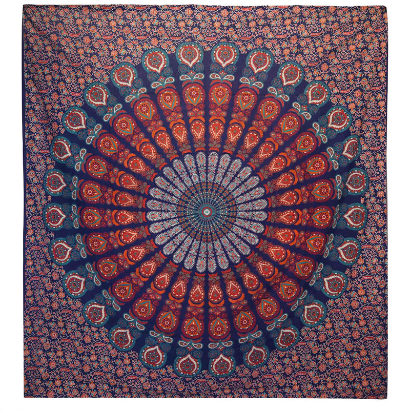 Doppelbettdecke, Ritualtuch, Wandbehang aus Baumwolle und Wandteppich — Mandala Peacock — Blau - 230 cm x 200 cm