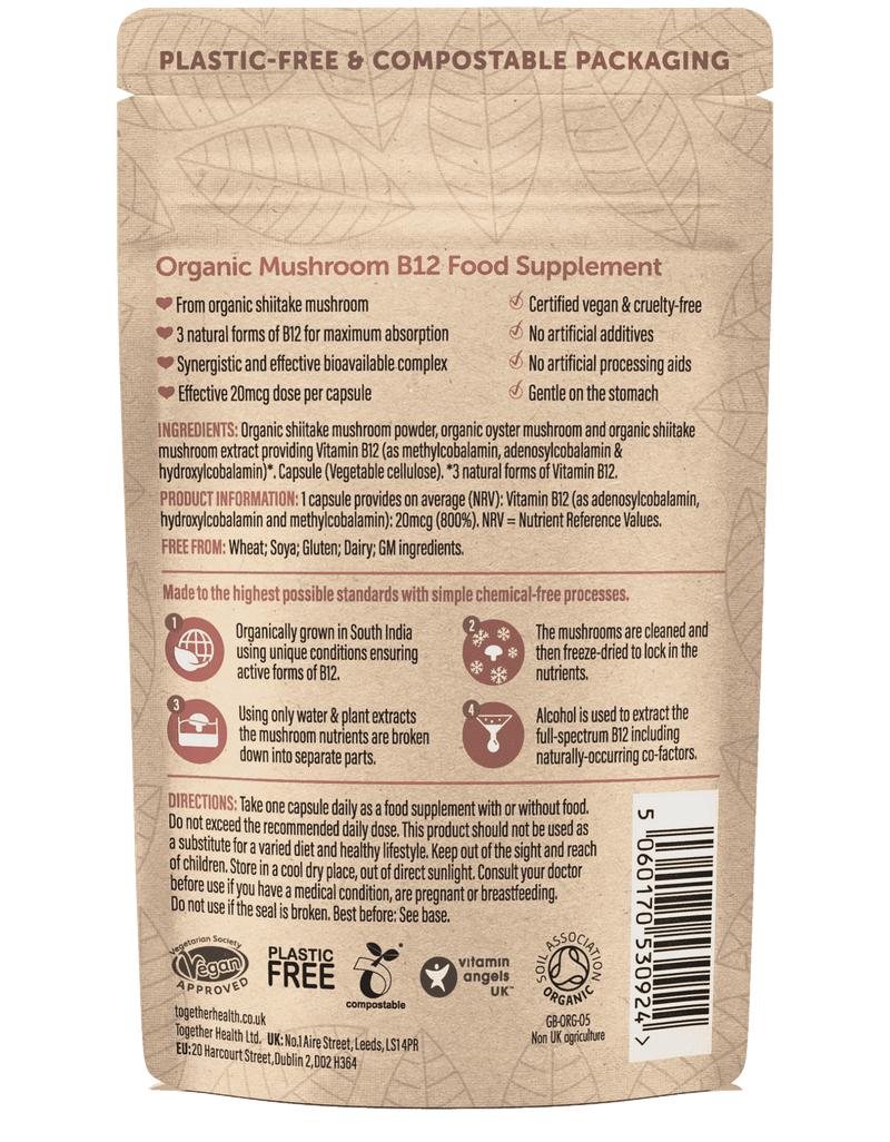 Die Rückseite einer plastikfreien und kompostierbaren Verpackung für ein Bio-Pilz B12 Nahrungsergänzungsmittel, die Inhaltsstoffe, Produktinformationen, Herstellungsprozess und Anwendungshinweise detailliert darstellt.