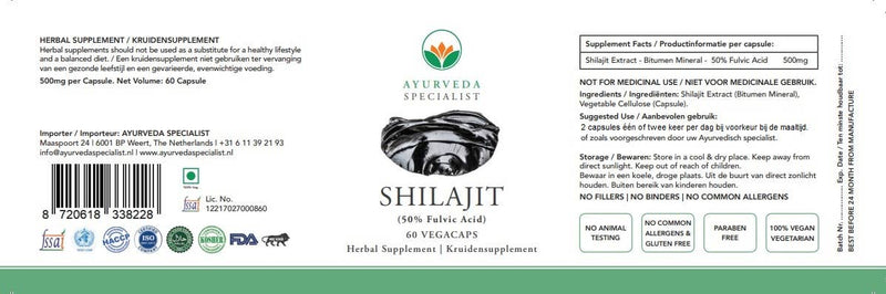 Ayurveda Specialist B.V. - Shilajit Kapseln 500 mg – mit 50 % Fulvinsäure für Detox, Energie & Zellgesundheit