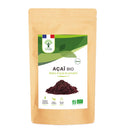 Açai-Biopulverpackung mit braunem Beutel mit grünen Akzenten, die die ernährungsphysiologischen Vorteile hervorheben, und einem Gewicht von 50 g.