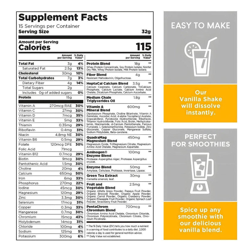 Nährwertangabenetikett für einen Vanille-Mahlzeitenersatz-Shake, detailliert Nährstoffgehalt pro Portion (115 Kalorien, 15g Protein, 4g Ballaststoffe), verschiedene Vitamin-, Mineral- und Enzymmischungen und bewirbt sofortige Auflösung und Eignung für Smoothies.