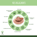 Verpflichtungen von Bioptimal, mit Eigenschaften wie vegan, glutenfrei, Bio-Zertifizierung, französische Produktion und zusatzstofffreie Verpackung.