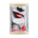 Ein hoher, zylindrischer, beiger Kartonbehälter mit ERBAVOGLIO Ozonelle Anti-Age „COSME SI INTERIORE“ (Innere Kosmetik). Es handelt sich um ein Nahrungsergänzungsmittel mit Meereskollagen & Hyaluronsäure in pflanzlichen Kapseln. Das Etikett zeigt eine Nahaufnahme eines Gesichts mit rotem Lippenstift und einer Kirsche, die von den Lippen tropft.