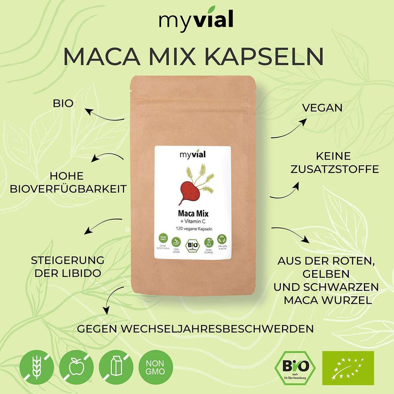 Bio Maca Kapseln (Schwarz, Rot, Gelb Mix) + Vit. C - Vegan