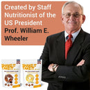 Porträt von Prof. William E. Wheeler, ehemaliger Ernährungsberater des US-Präsidenten, neben "SHAKE IT TAKE IT" Mahlzeitenersatz-Shake-Beuteln in Schokolade und Vanille, bewirbt die Herkunft und Expertenformulierung des Produkts.