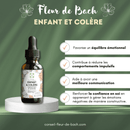 Eine Flasche "Fleur de Bach ENFANT & COLÈRE" auf einem Podium, die Vorteile hervorhebt: Förderung des emotionalen Gleichgewichts, Reduzierung impulsiver Verhaltensweisen, bessere Kommunikation und Stärkung des Selbstvertrauens im Umgang mit negativen Emotionen.