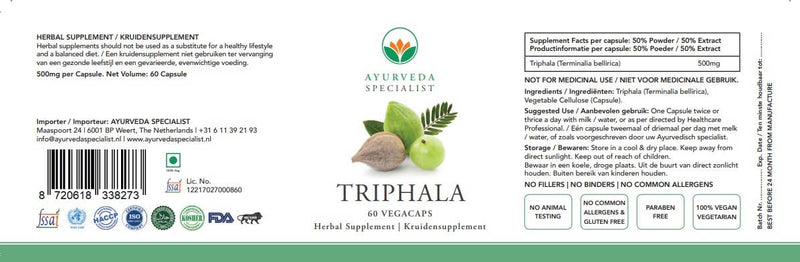 Ayurveda Specialist B.V. – Triphala 500 mg Kapseln – Traditionelle ayurvedische Drei-Früchte-Formel für Verdauung, Immunität & Vitalität