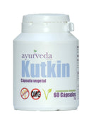 Eine weiße Plastikflasche mit Klappdeckel, beschriftet mit "Ayurveda autentico Kutkin" Pflanzenkapseln. Das Etikett hebt "Sin Gluten", "OMG" (gentechnikfrei) und "60 Cápsulas" hervor, was auf 60 Kapseln hinweist.