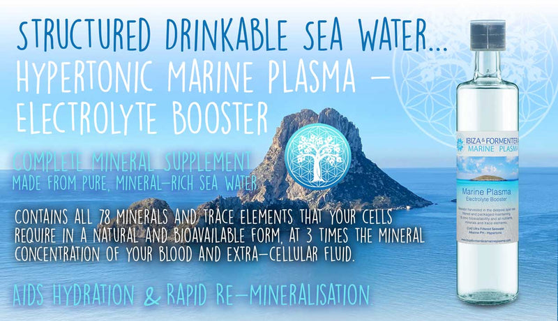 Eine Werbegrafik für Marine-Plasma von Ancient Purity, die eine Flasche des Produkts vor einer Meereslandschaft mit einer Insel zeigt, mit erklärendem Text über die Vorteile.