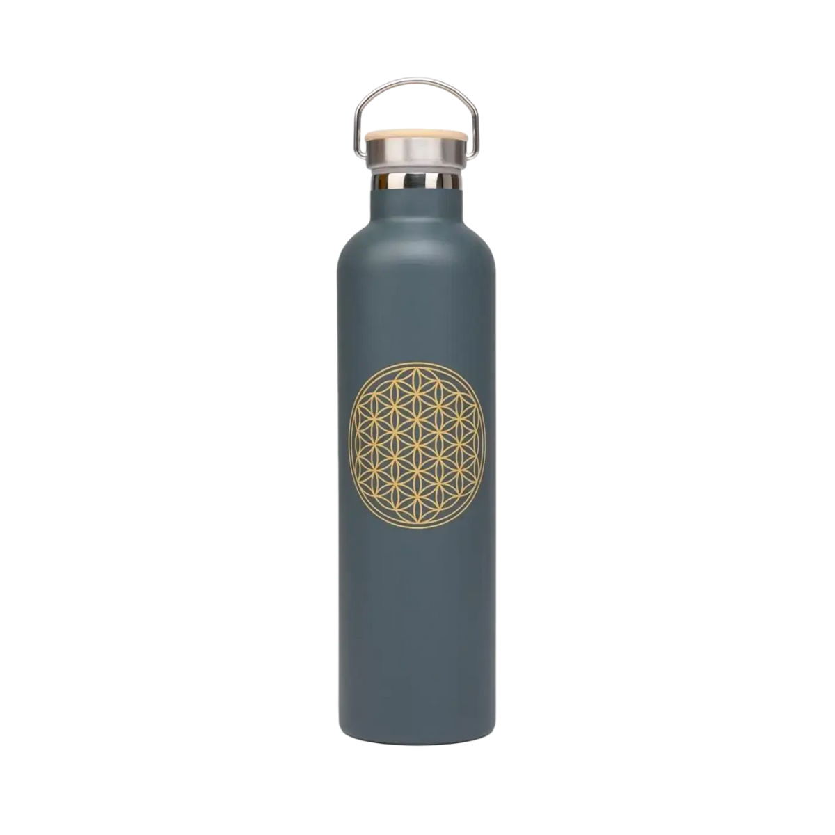 Elegante edelstahl-isolier-trinkflasche 1l in mattem grau mit goldener flower of life veredelung aus thermosflasche aus stahl