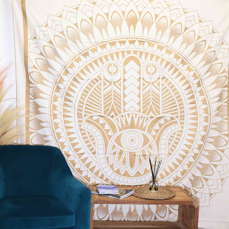 Doppelbettdecke, Ritualtch, Wandteppich aus Baumwolle und Wandteppich — Hamsa — Weißgold 230 cm x 200 cm