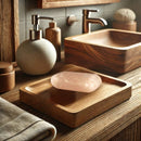 Ein durchscheinendes rosa Himalaya-Salzseifenstück liegt auf einem Holztablett auf einem Waschtisch in einem Badezimmer mit Waschbecken und Dekor aus Holz.