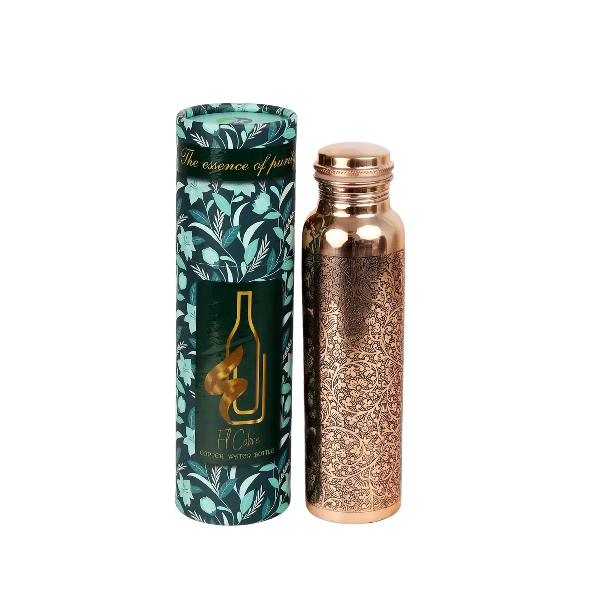 El'Cobre Kupferflasche 1 L mit Blumengravur, handgefertigte Kupferwasserflasche im eleganten Design, langlebig und umweltfreundlich