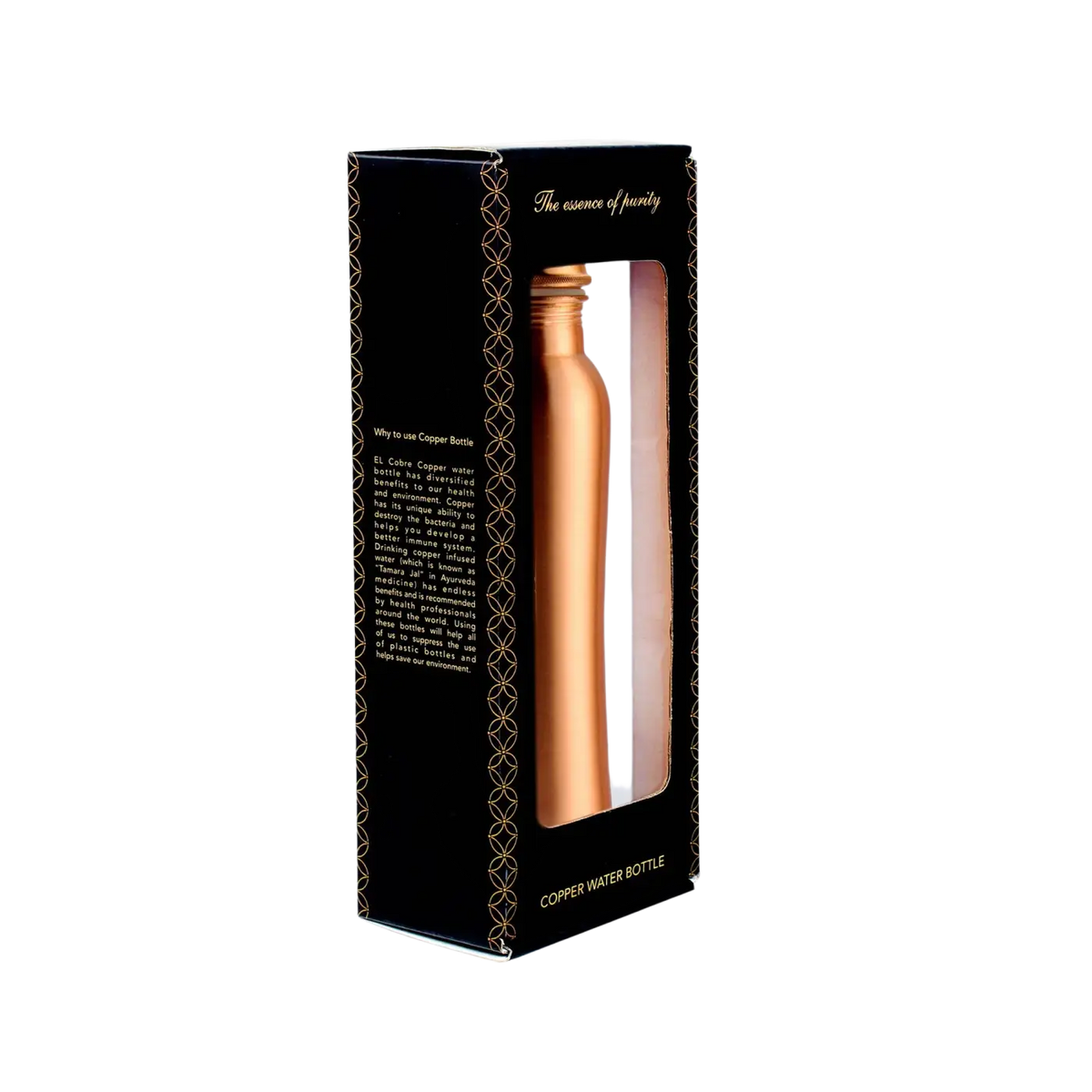Elegante kupfer-wasserflasche matt 1 liter in rosegold mit kupfermaterial im schwarzen und goldenen markenbox