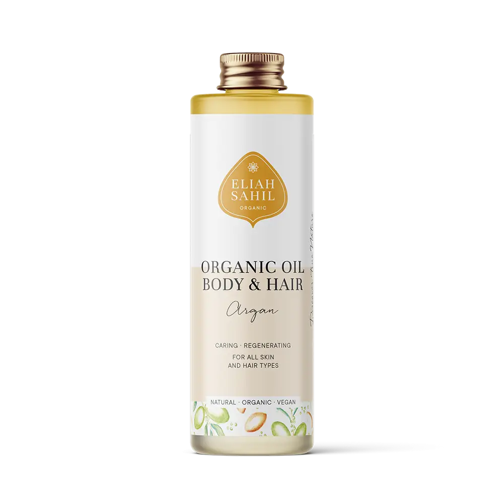 Eliah Sahil Bio Arganöl für Haut und Haare, intensives pflegendes Öl, flüssige Textur, braune Flasche, naturbelassenes Produkt