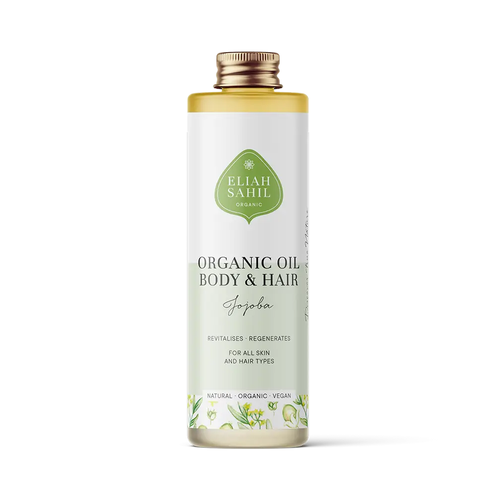 Eliah Sahil Bio Jojobaöl in Flasche, naturbelassenes Pflegeöl für Gesicht, Körper und Haare, vegan und bio-zertifiziert