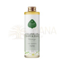 Eine klare glasflasche mit goldverschlus enthält goldgelbes eliah sahil bio moringa öl für intensive pflege von haut und haaren