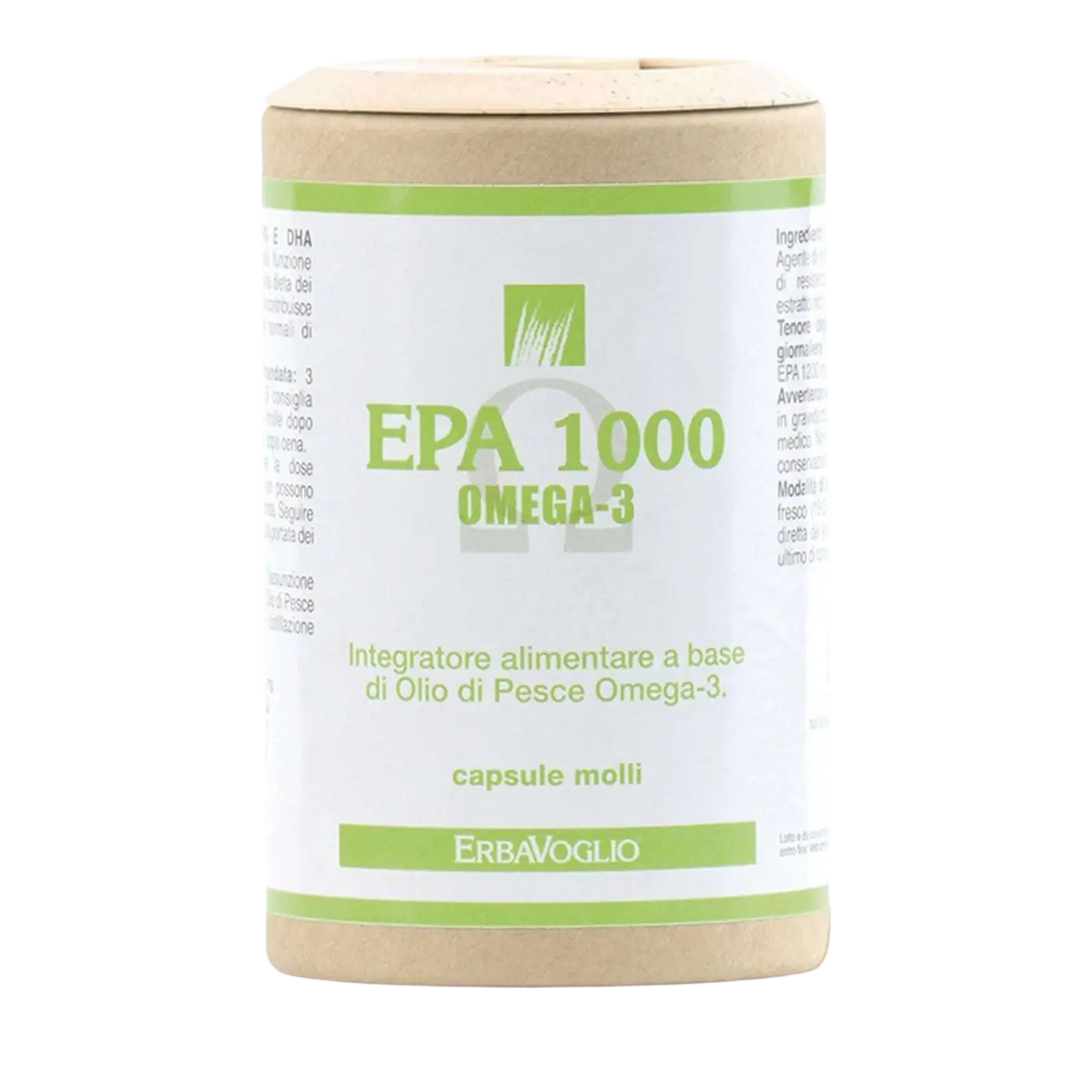 EPA 1000 Omega-3 Nahrungsergänzung von Erbavoglio, Zylinderform, Herz, Gehirn und Sehkraft fördernde Kapseln.