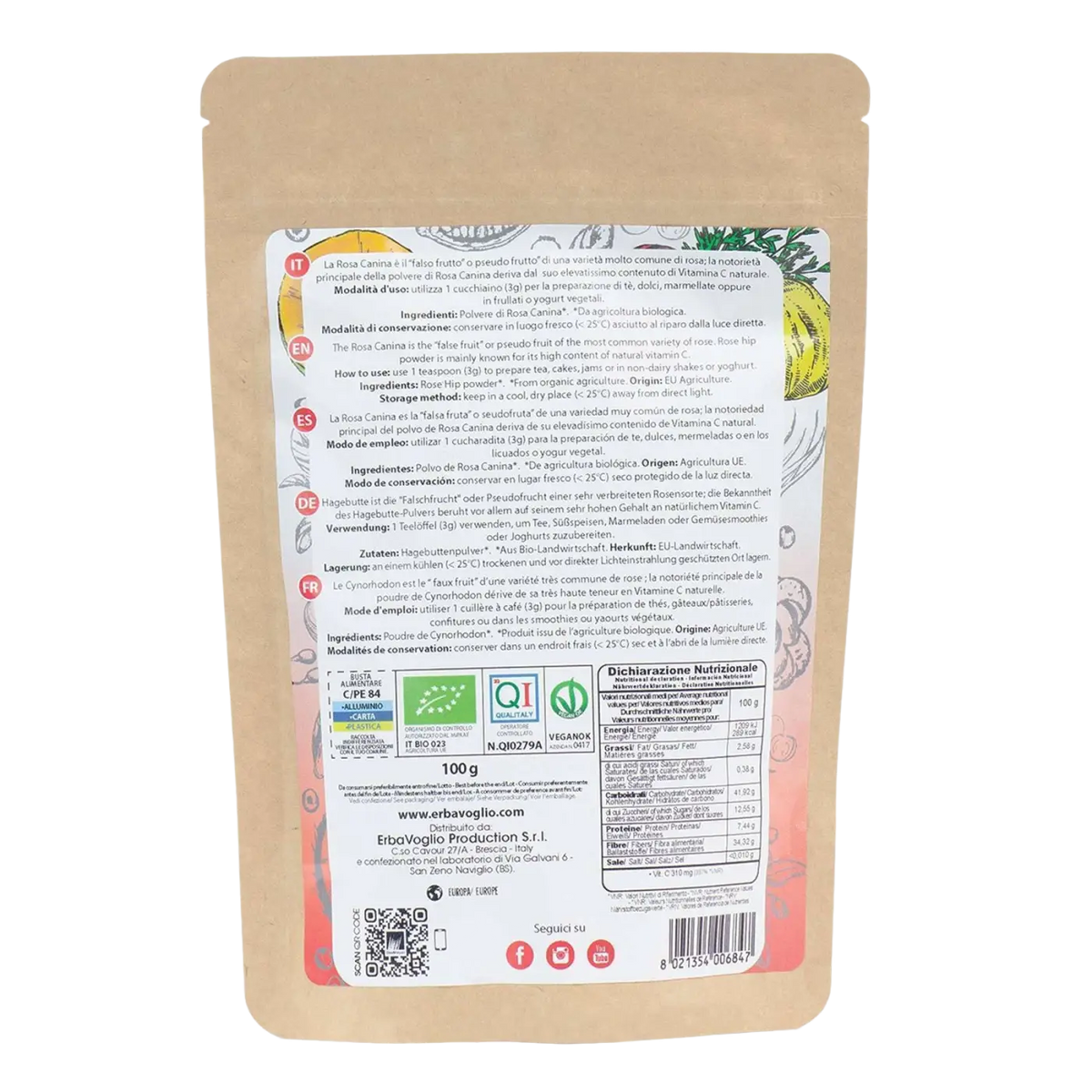 Bio-Hagebuttenpulver von Erbavoglio als Nahrungsergänzung in brauner Verpackung, fein gemahlen, für natürlichen Vitamin C-Boost.