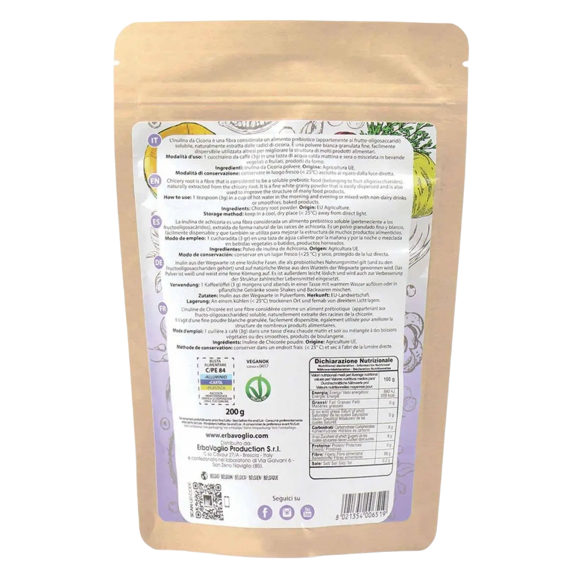 Erbavoglio Chicorée-Inulinpulver, Nahrungsergänzung für Darmflora und Mineralstoffaufnahme, feines Pulver in Packung