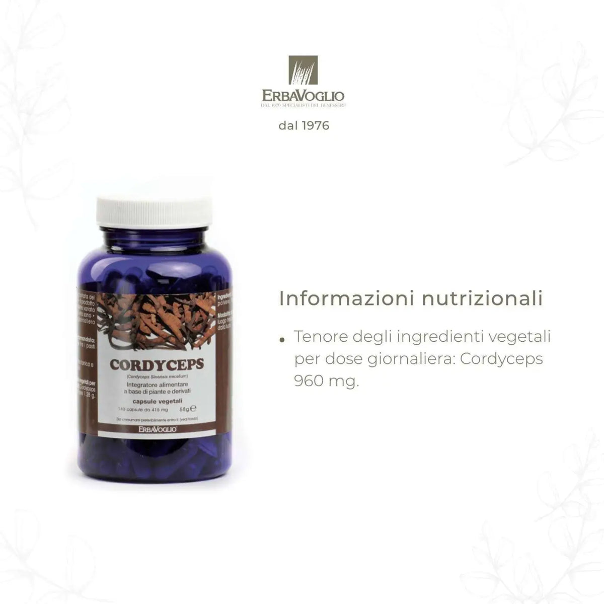 Erbavoglio Cordyceps-Kapsel, Nahrungsergänzung für Energie, Immunsystem und Ausdauer, in einer schwarzen Kapsel.