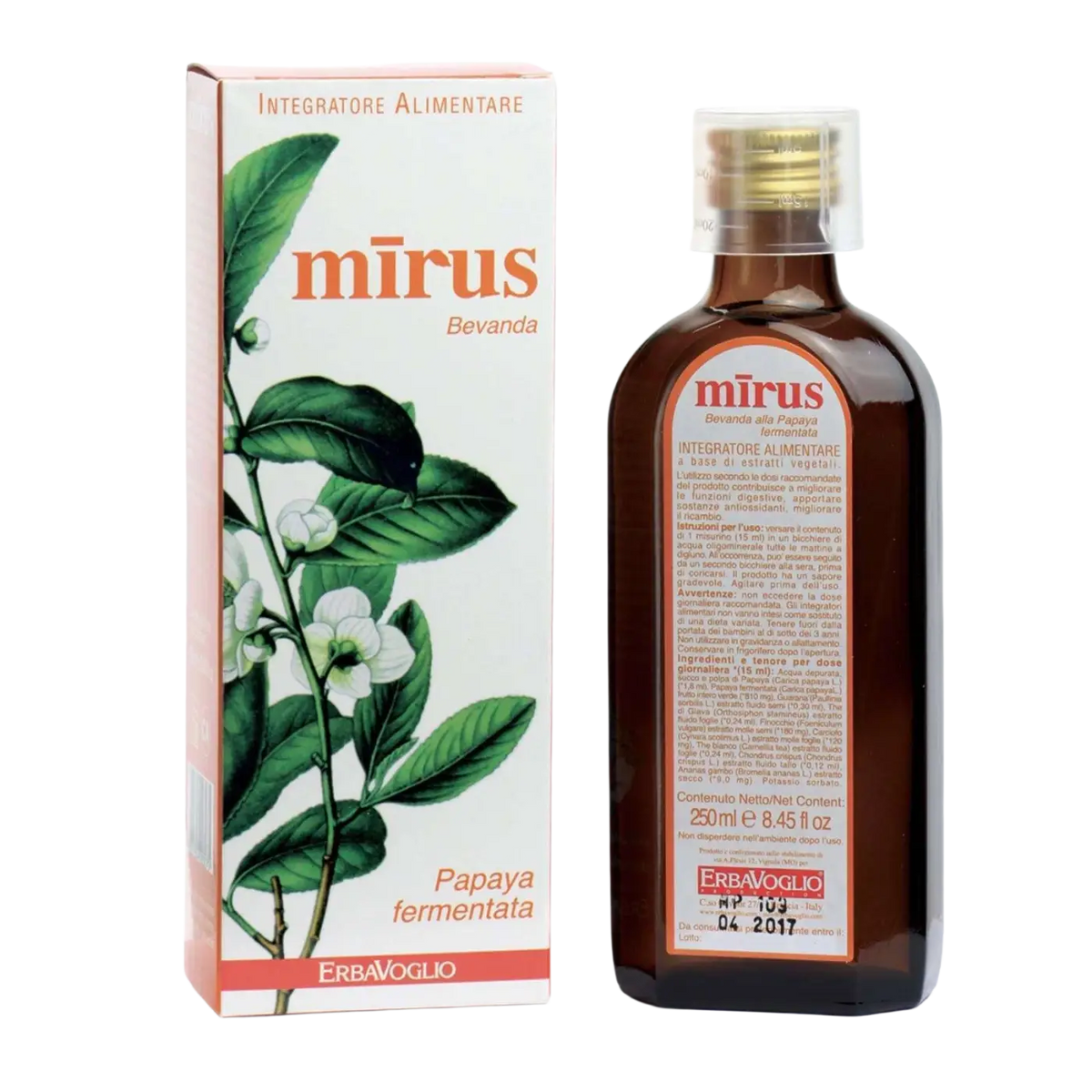 Erbavoglio Mirus Papaya Gärgetränk für natürliches Abnehmen, fördert Stoffwechsel und Verdauung, Flasche mit Papaya-Logo.