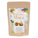 Bio-Maca-Pulver von Erbavoglio, 200g, in einer offenen Packung, zeigt das braune, pulverförmige Nahrungsergänzungsmittel.