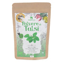 Bio-Tulsi-Pulver von Erbavoglio, 100g, für Stress, Schlaf, Angst und innere Ruhe, in einer offenen Bio-Verpackung.