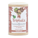 Bio-Triphala Kapseln von Erbavoglio, Nahrungsergänzung für Verdauung und Stoffwechsel, in einer weißen Flasche mit Kapseln.