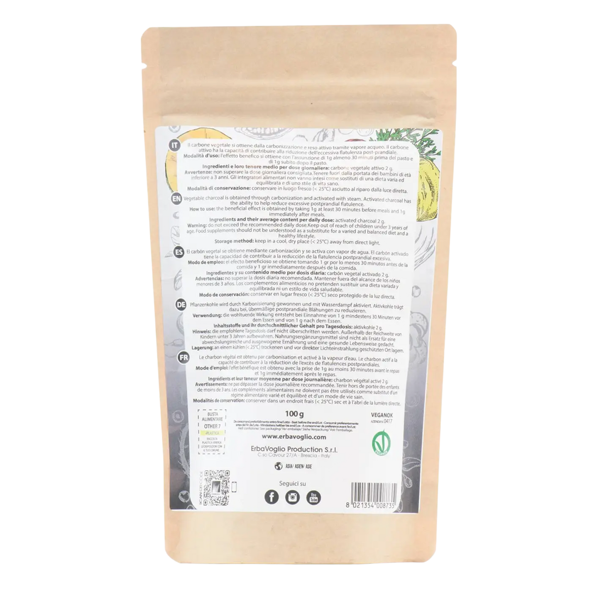 Erbavoglio pflanzliches Aktivkohle-Pulver als Nahrungsergänzungsmittel in einer Dose, fein gemahlen, für Detox und Verdauung.